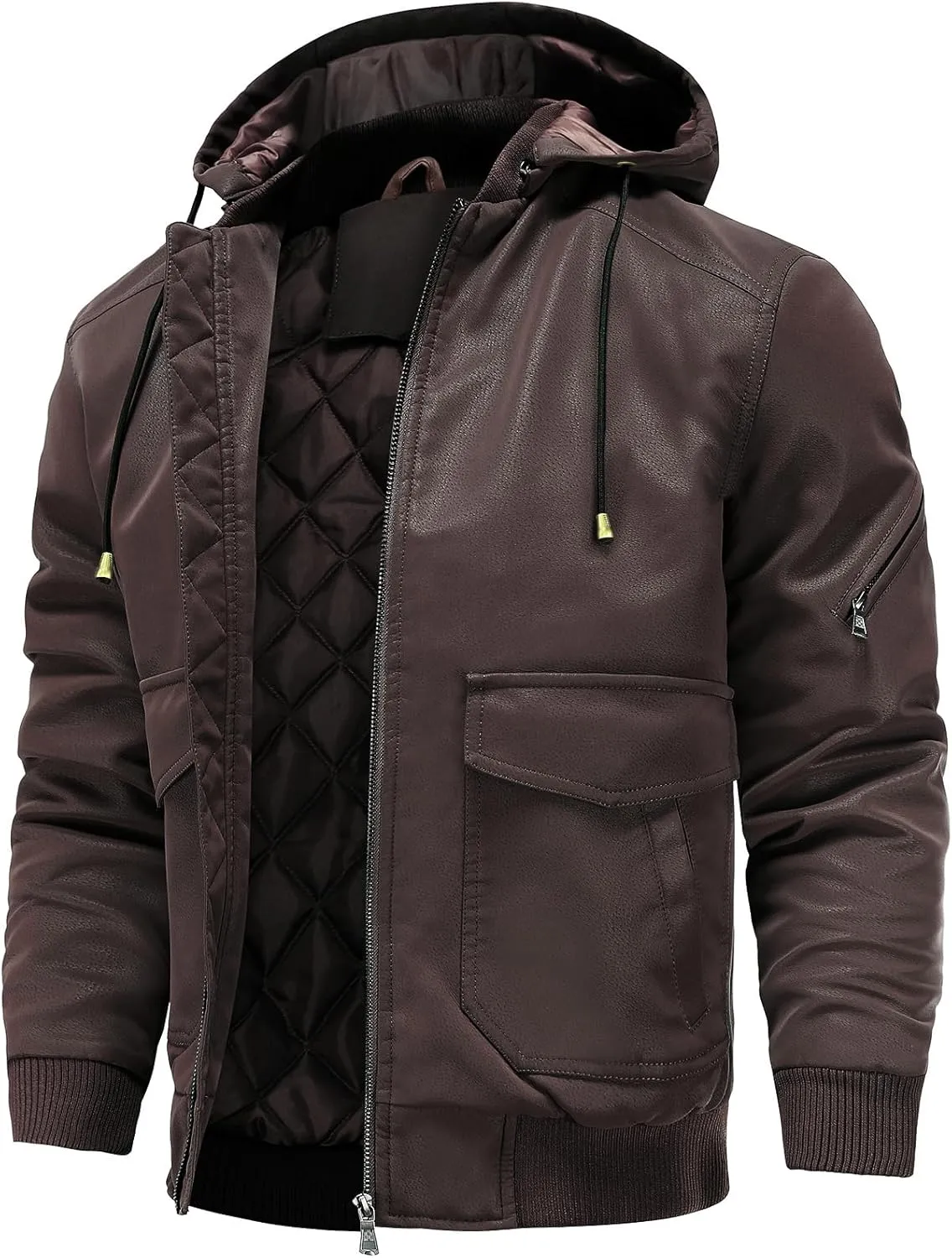 Leather Jackets for Men,Stand Collar Zip Up Motorcycle Biker Bomber Jacket With Removable Hood
