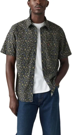 Levi's Men's Classic 1 Pocket Short Sleeve Button Up Shirt (Also Available in Big), (New) Lottie Floral Navy Blazer Stretch Poplin
