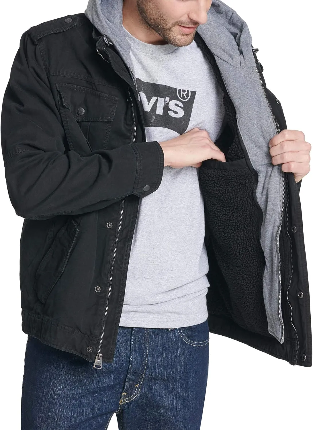 Levi's Men's Washed Cotton Hooded Military Jacket