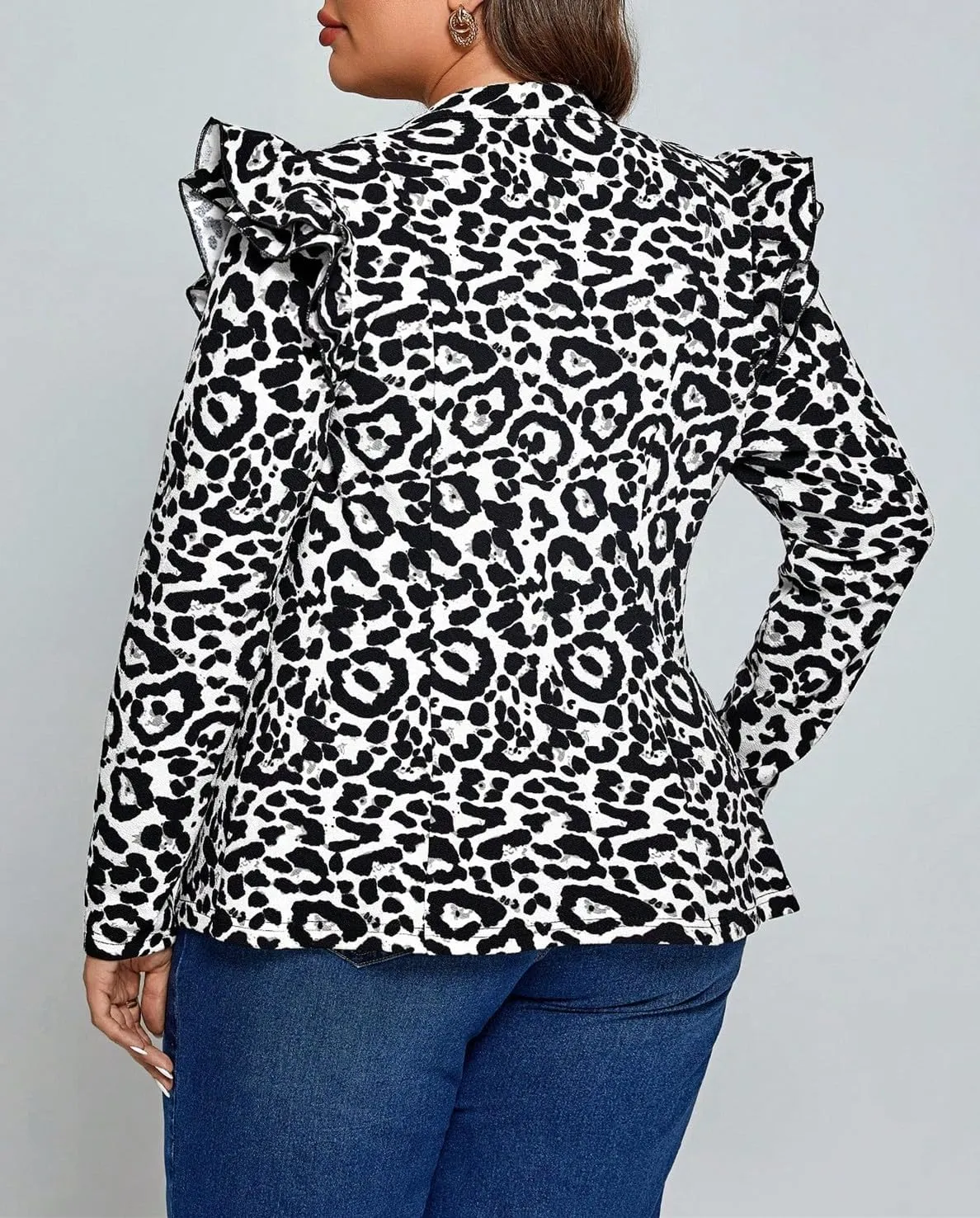 LifeShe Women Ruffled Leopard Denim Jacket Stand Collar Zip Up Jean Jacket with Flap Pocket