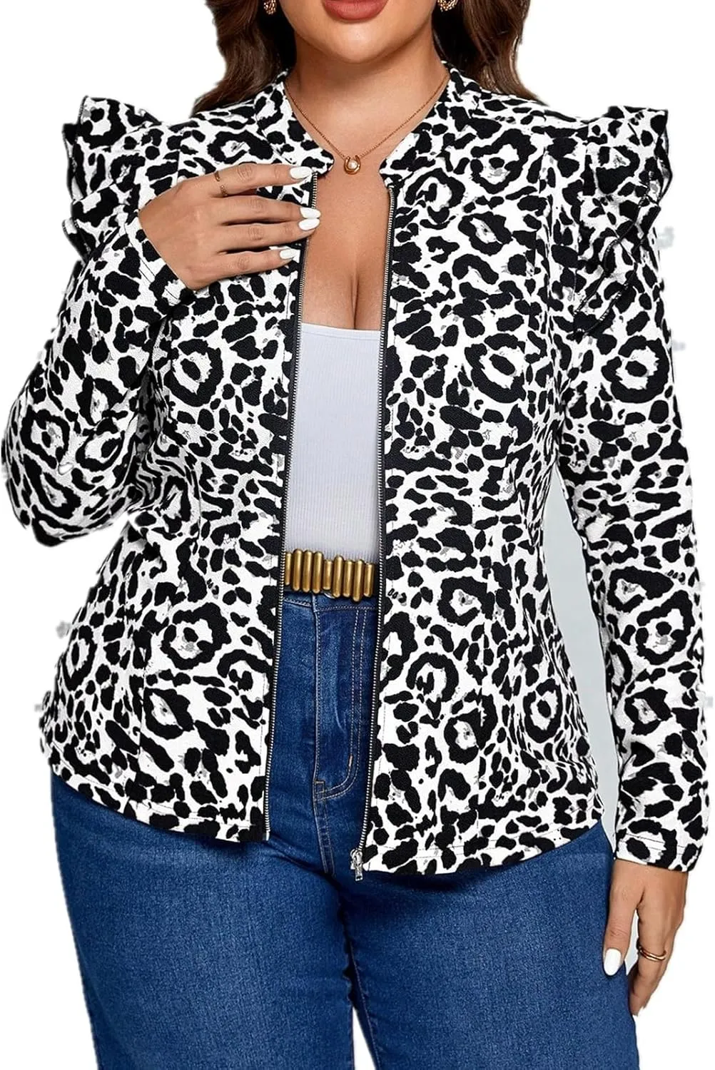 LifeShe Women Ruffled Leopard Denim Jacket Stand Collar Zip Up Jean Jacket with Flap Pocket