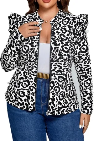 LifeShe Women Ruffled Leopard Denim Jacket Stand Collar Zip Up Jean Jacket with Flap Pocket