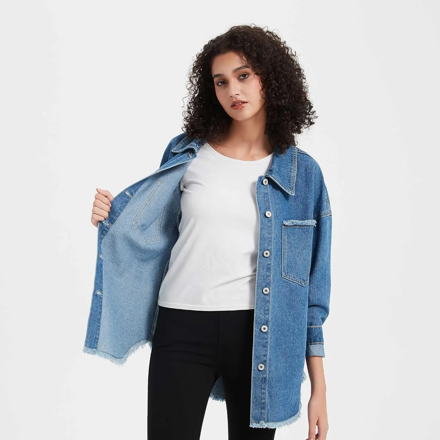 LifeShe Women's Oversized Denim Shacket Jacket Casual Long Boyfriend Jean Jackets Coat Autumn Spring