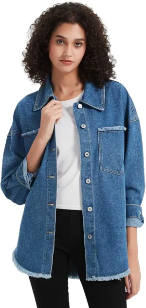 LifeShe Women's Oversized Denim Shacket Jacket Casual Long Boyfriend Jean Jackets Coat Autumn Spring