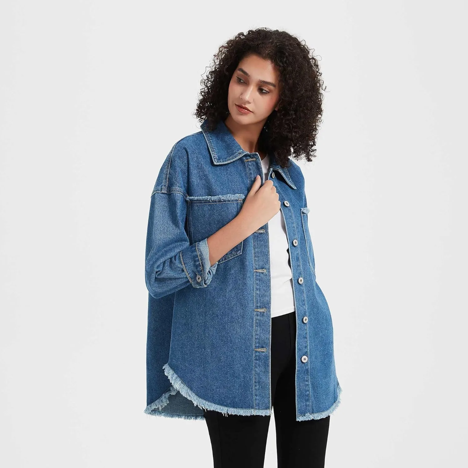 LifeShe Women's Oversized Denim Shacket Jacket Casual Long Boyfriend Jean Jackets Coat Autumn Spring