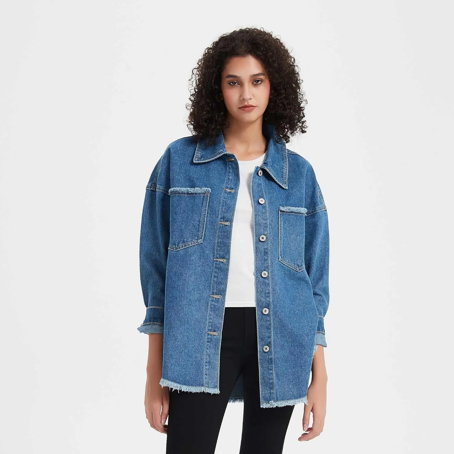 LifeShe Women's Oversized Denim Shacket Jacket Casual Long Boyfriend Jean Jackets Coat Autumn Spring