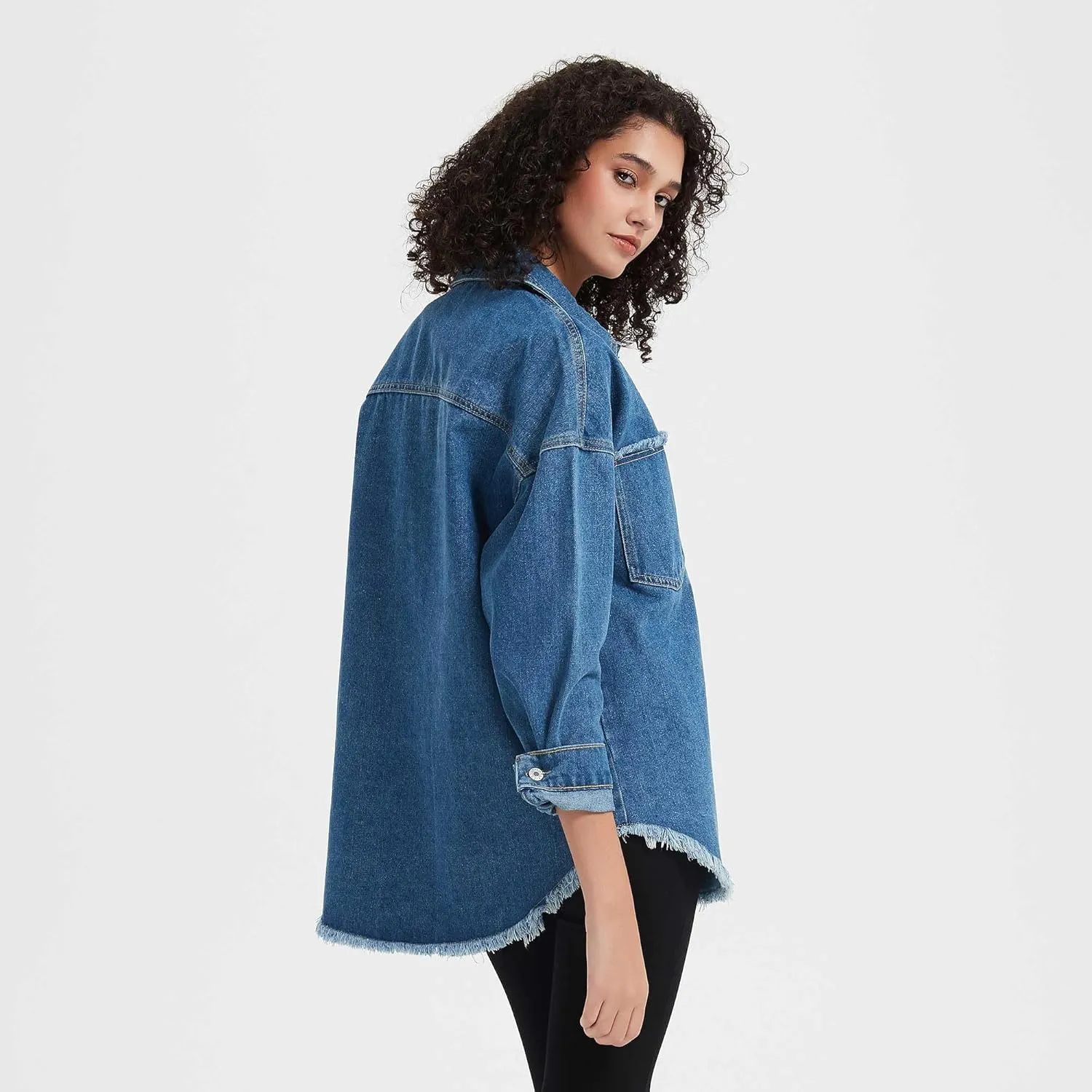 LifeShe Women's Oversized Denim Shacket Jacket Casual Long Boyfriend Jean Jackets Coat Autumn Spring