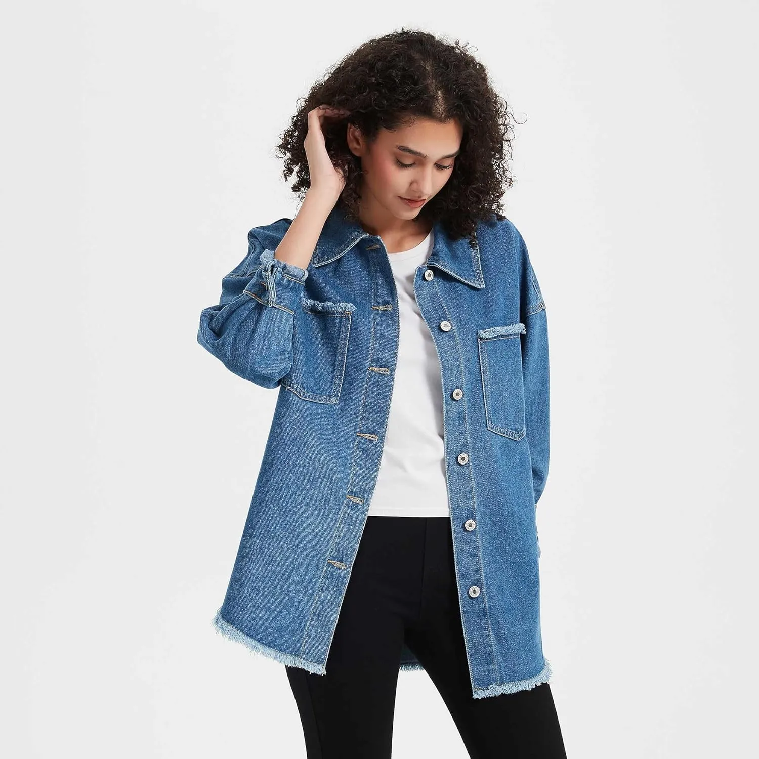LifeShe Women's Oversized Denim Shacket Jacket Casual Long Boyfriend Jean Jackets Coat Autumn Spring