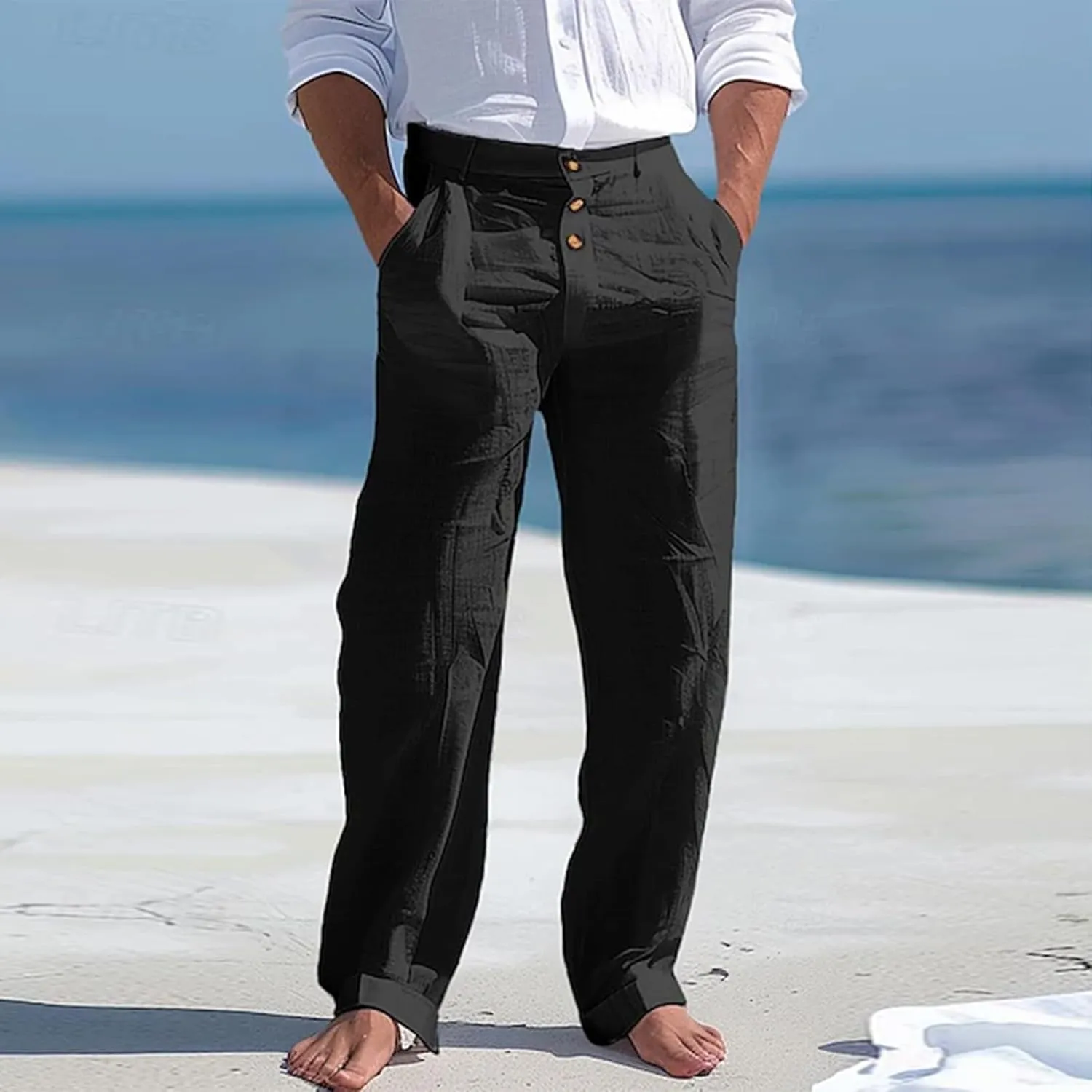 Linen Casual Dress Pants for Men High Waist Button Fly Straight Leg Trendy Formal Work Trousers Loose Beach Travel Pants