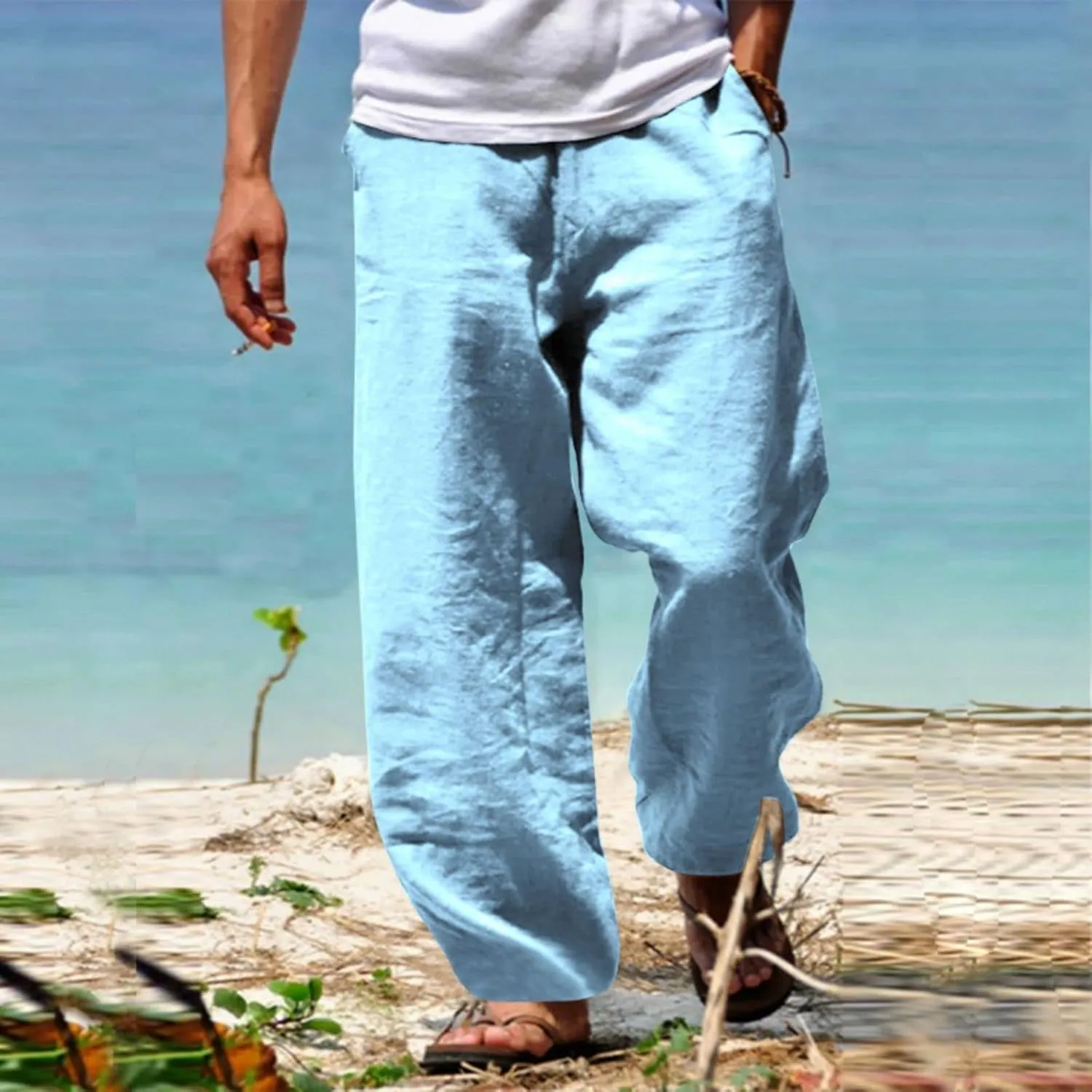 Linen Hip-Hop Pants for Men Cotton Linen Loose Casual Sports Pant Summer Beach Hawaiian Pants for Men
