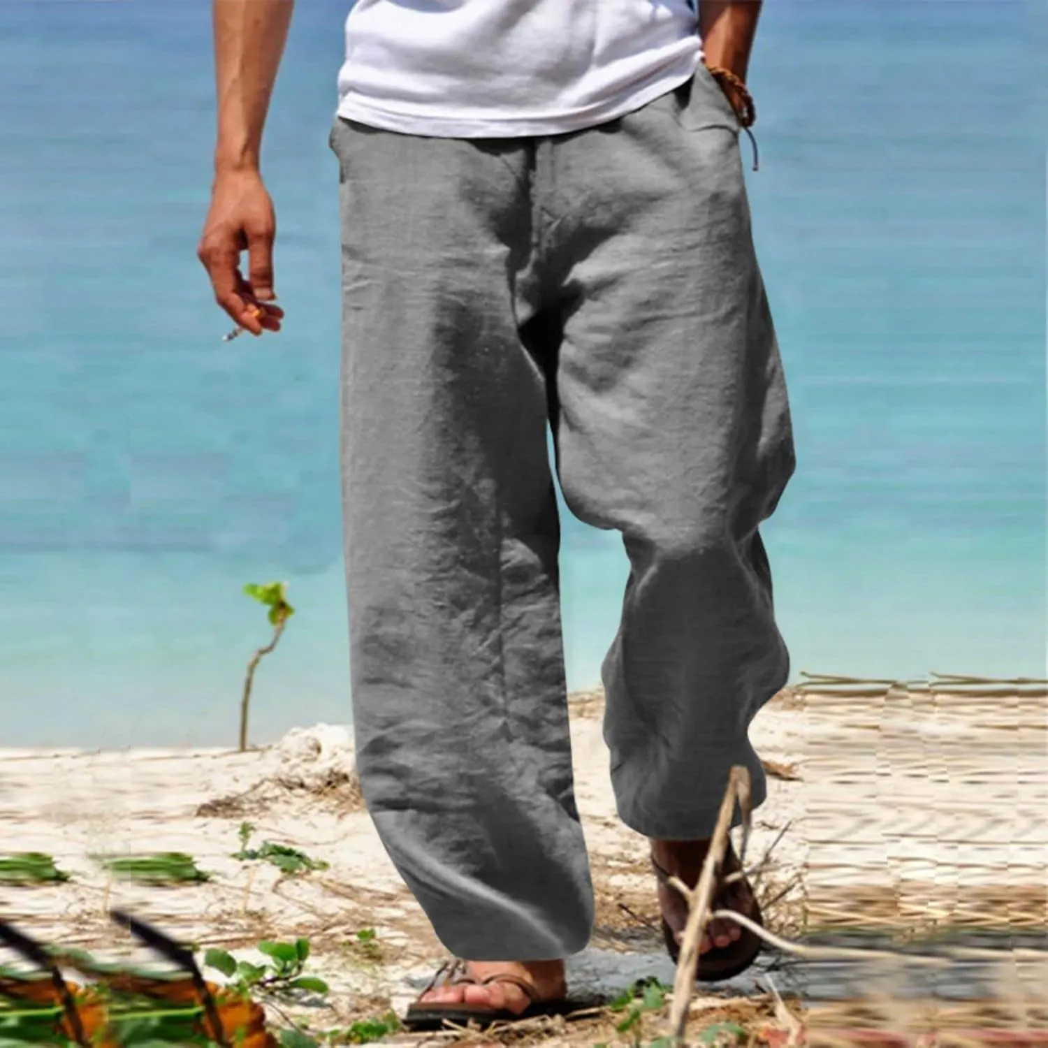 Linen Hip-Hop Pants for Men Cotton Linen Loose Casual Sports Pant Summer Beach Hawaiian Pants for Men
