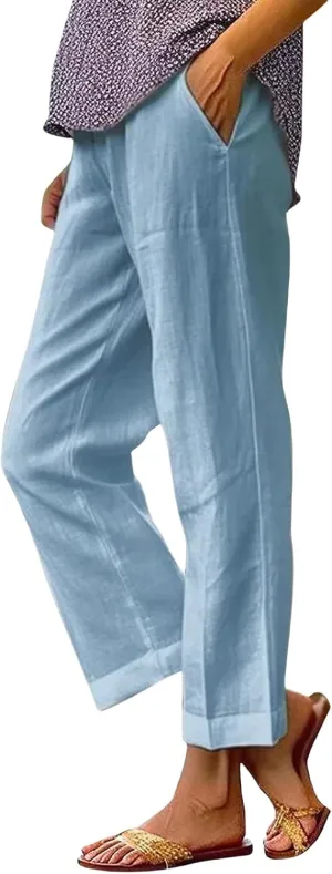 Linen Pants for Women Lightweight High Waist Straight Leg Cropped Pants Casual Summer Crop Pant Trousers with Pockets