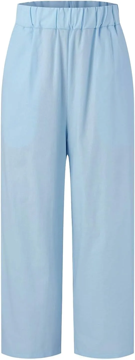 Linen Pants for Women Lightweight High Waist Straight Leg Cropped Pants Casual Summer Crop Pant Trousers with Pockets