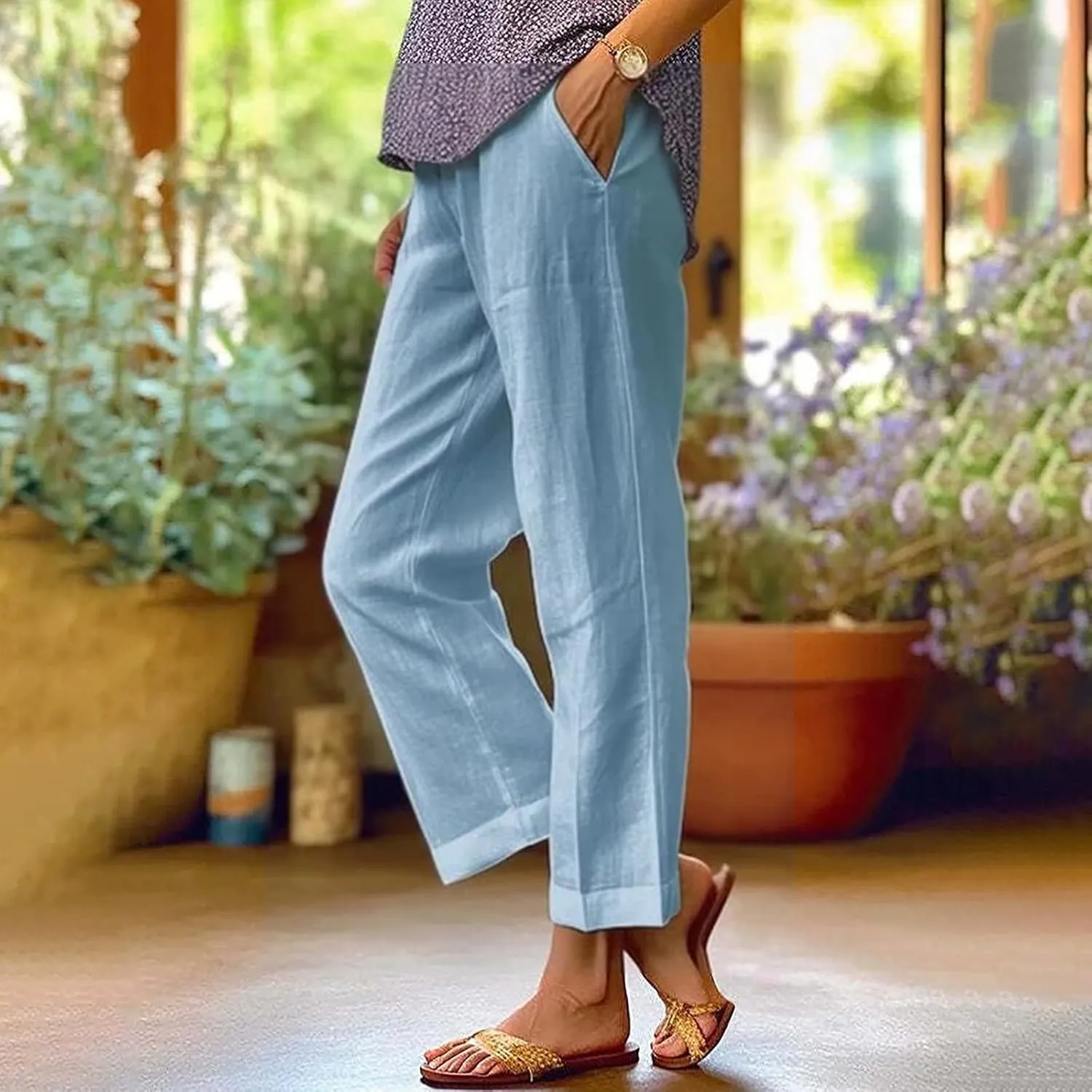 Linen Pants for Women Lightweight High Waist Straight Leg Cropped Pants Casual Summer Crop Pant Trousers with Pockets