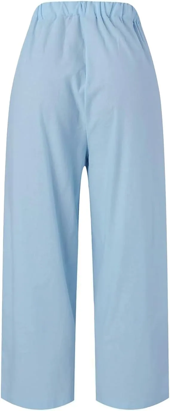 Linen Pants for Women Lightweight High Waist Straight Leg Cropped Pants Casual Summer Crop Pant Trousers with Pockets