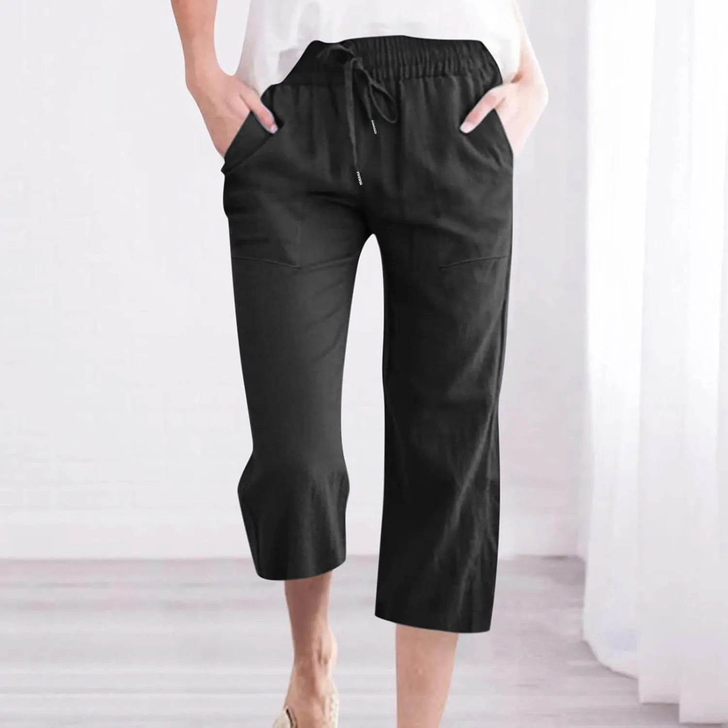 Linen Pants Women Casual Summer Straight Wide Leg Loose Capris Drawstring Elastic High Waist Pockets Cropped Trouser