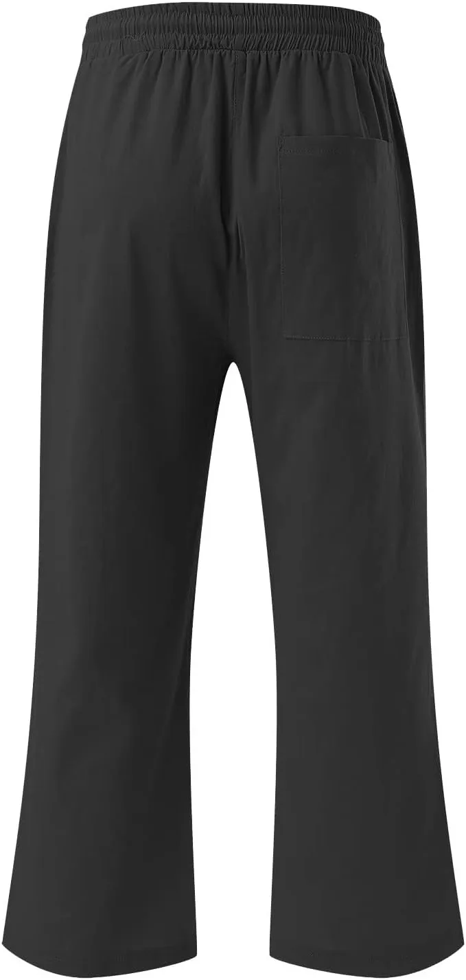 Linen Pants Women Casual Summer Straight Wide Leg Loose Capris Drawstring Elastic High Waist Pockets Cropped Trouser