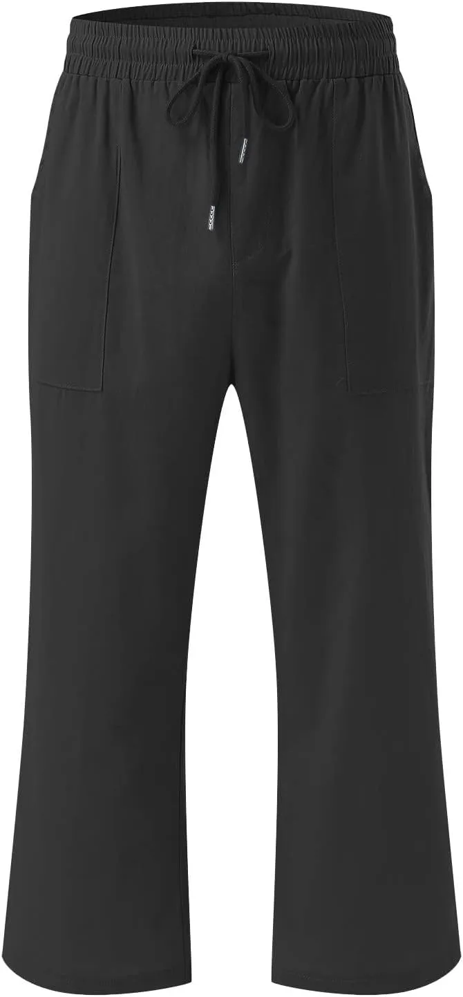 Linen Pants Women Casual Summer Straight Wide Leg Loose Capris Drawstring Elastic High Waist Pockets Cropped Trouser