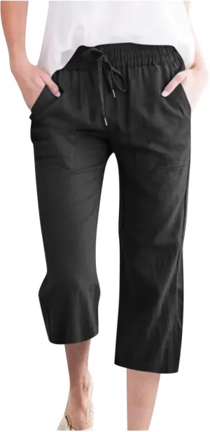 Linen Pants Women Casual Summer Straight Wide Leg Loose Capris Drawstring Elastic High Waist Pockets Cropped Trouser