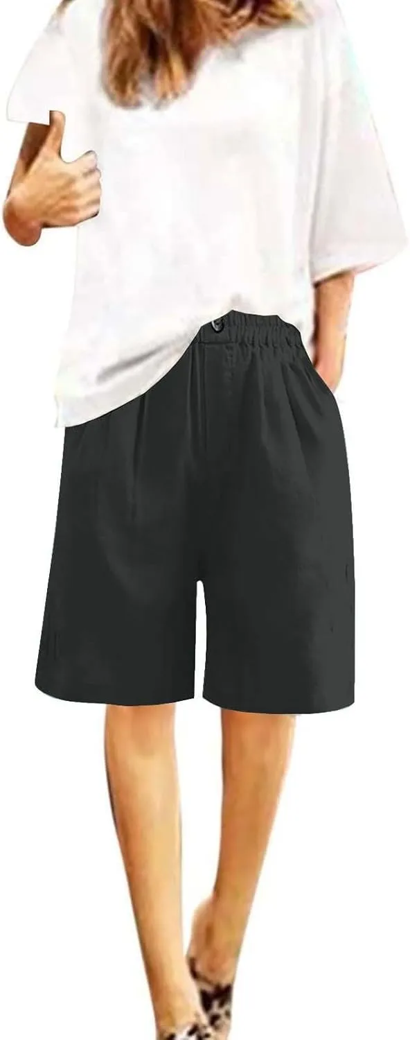 Linen Shorts for Women 2025 Summer Casual Wide Leg Pants Drawstring High Waist Bermuda Pants with Pockets Casual Beach Shorts