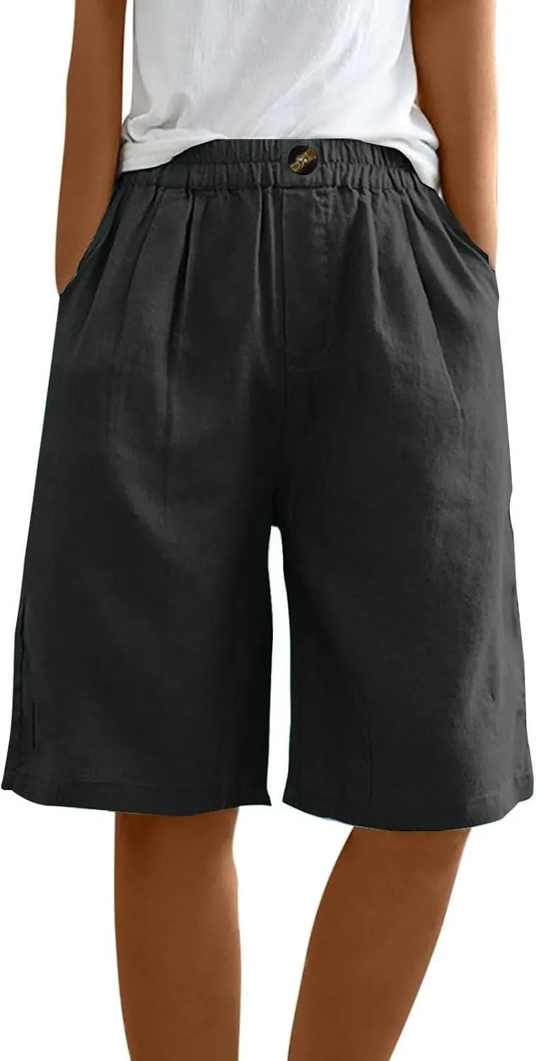 Linen Shorts for Women 2025 Summer Casual Wide Leg Pants Drawstring High Waist Bermuda Pants with Pockets Casual Beach Shorts