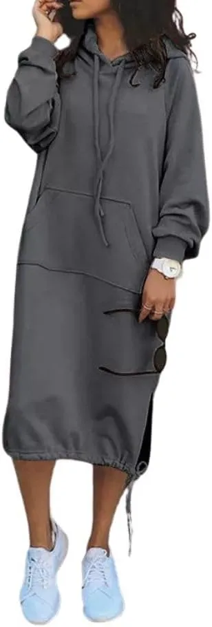 LOAIHA Sweatshirt Dress Women Casual Oversized Pullover Long Sleeve Hoodie Dress for Women Drawstring with Kangaroo Pocket