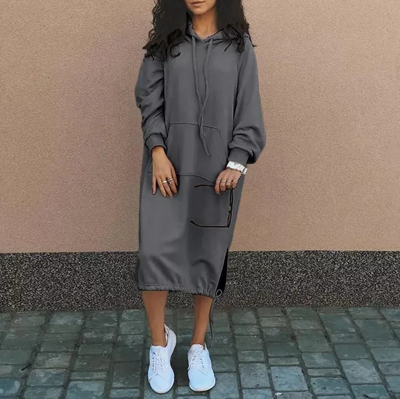 LOAIHA Sweatshirt Dress Women Casual Oversized Pullover Long Sleeve Hoodie Dress for Women Drawstring with Kangaroo Pocket
