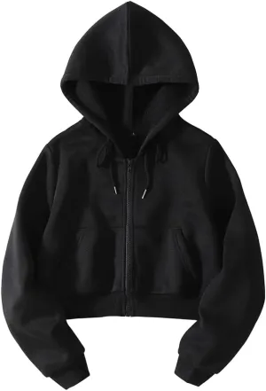 LOFAAC Women Fleece Full Zip Up Cropped Hoodie Sweatshirt 90s Long Sleeve Drawstring Hooded Crop Jacket Top with Pockets