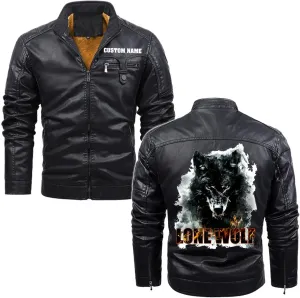 Lone Wolf, Vintage Wolf Biker Motorcycle Jacket, Personalized Men PU Leather Vest Coat Jackets