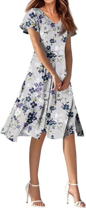 Long Casual DressBoho Flowy,Chiffon Midi Flowy Elegant Wedding Guest Dress Below The Knee Length Ruffle Hem Dressess