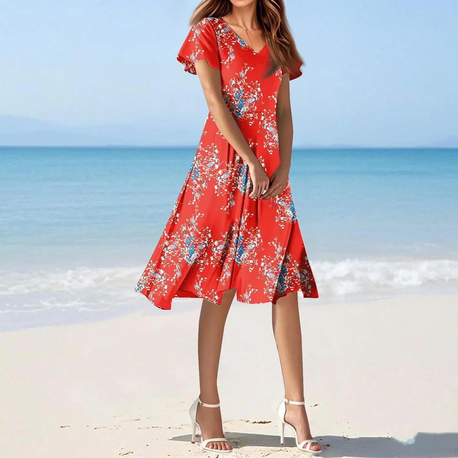 Long Casual DressBoho Flowy,Chiffon Midi Flowy Elegant Wedding Guest Dress Below The Knee Length Ruffle Hem Dressess