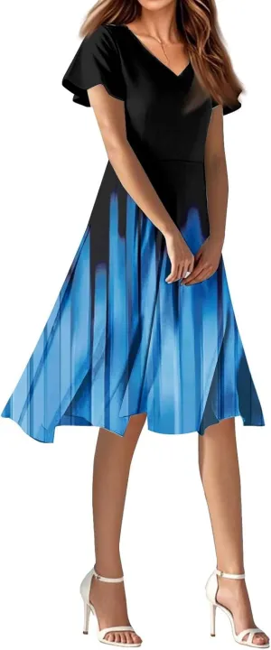 Long Casual DressBoho Flowy,Chiffon Midi Flowy Elegant Wedding Guest Dress Below The Knee Length Ruffle Hem Dressess