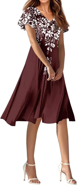 Long Casual DressBoho Flowy,Chiffon Midi Flowy Elegant Wedding Guest Dress Below The Knee Length Ruffle Hem Dressess