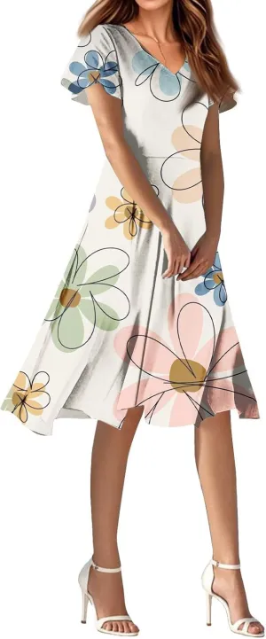 Long Casual DressBoho Flowy,Chiffon Midi Flowy Elegant Wedding Guest Dress Below The Knee Length Ruffle Hem Dressess