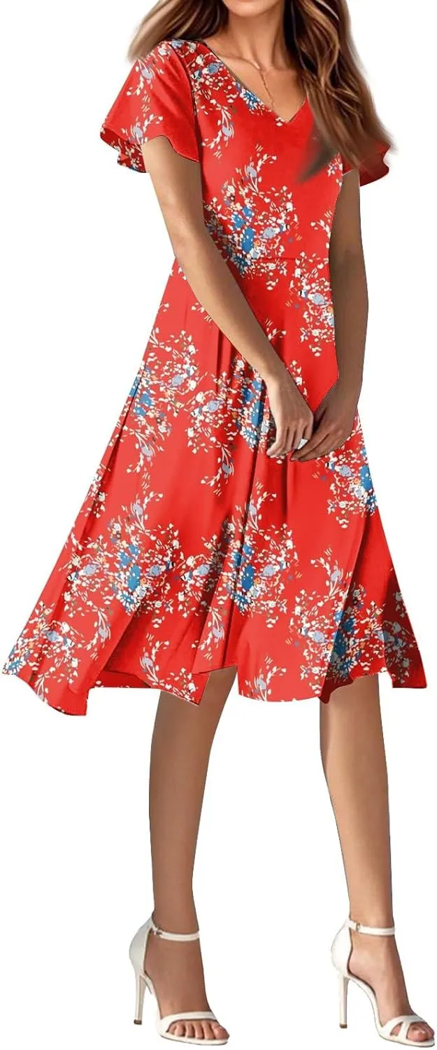 Long Casual DressBoho Flowy,Chiffon Midi Flowy Elegant Wedding Guest Dress Below The Knee Length Ruffle Hem Dressess