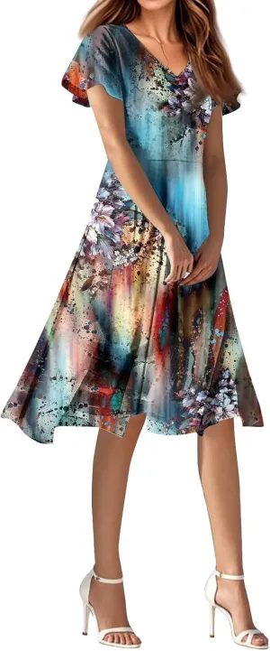 Long Casual DressBoho Flowy,Chiffon Midi Flowy Elegant Wedding Guest Dress Below The Knee Length Ruffle Hem Dressess