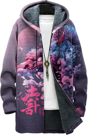 Long Hooded Cardigan Men Japanese Neon Art Graphic Open Front Zip Up Fleece Warm Fall Novelty Lightweight Coat