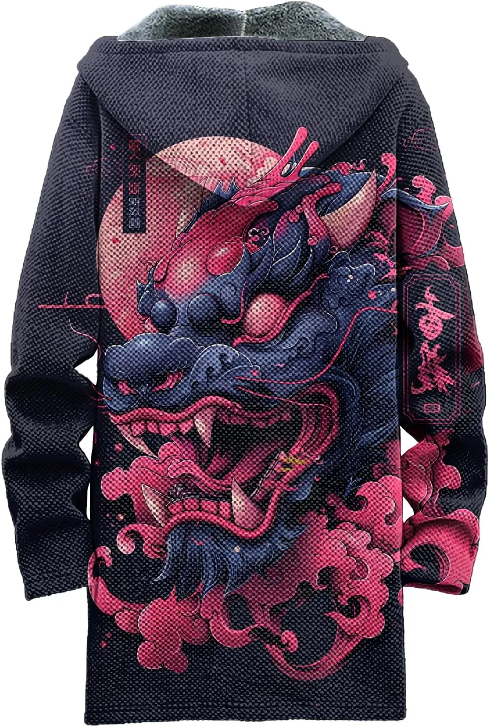 Long Hooded Cardigan Men Japanese Neon Art Graphic Open Front Zip Up Fleece Warm Fall Novelty Lightweight Coat