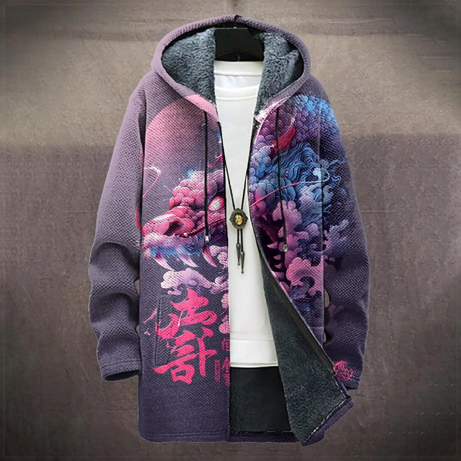 Long Hooded Cardigan Men Japanese Neon Art Graphic Open Front Zip Up Fleece Warm Fall Novelty Lightweight Coat
