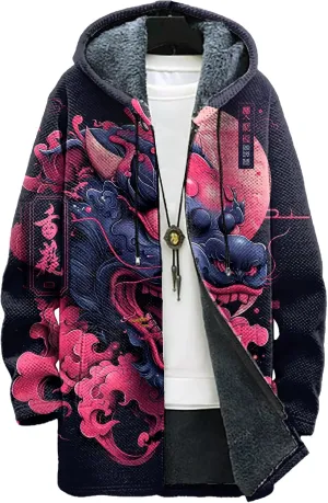 Long Hooded Cardigan Men Japanese Neon Art Graphic Open Front Zip Up Fleece Warm Fall Novelty Lightweight Coat