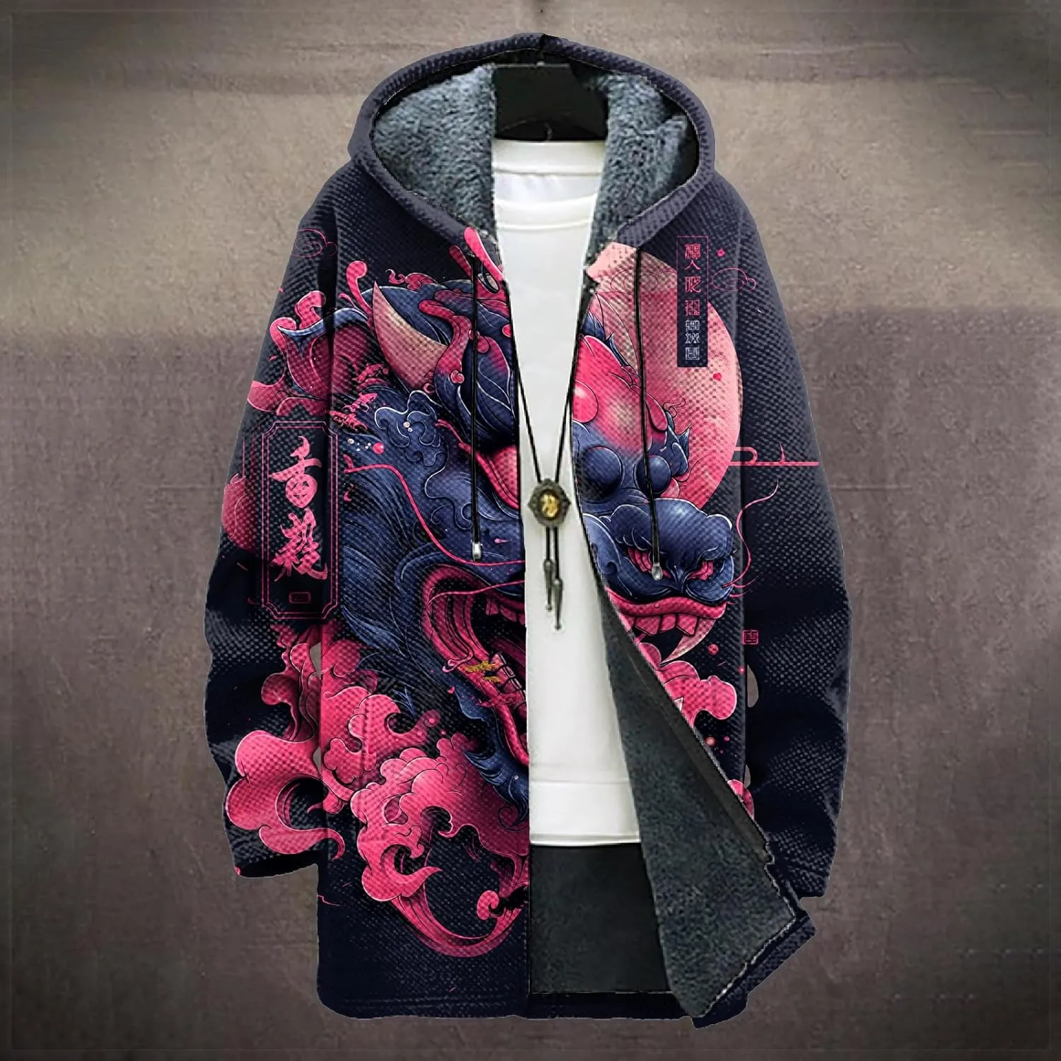 Long Hooded Cardigan Men Japanese Neon Art Graphic Open Front Zip Up Fleece Warm Fall Novelty Lightweight Coat