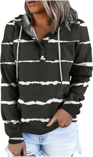 LRMQS Womens Hoodies Pullover Trendy Button Drawstring Hooded Striped Sweatshirt Loose Fit Fall Fashion 2024 Casual Pullover
