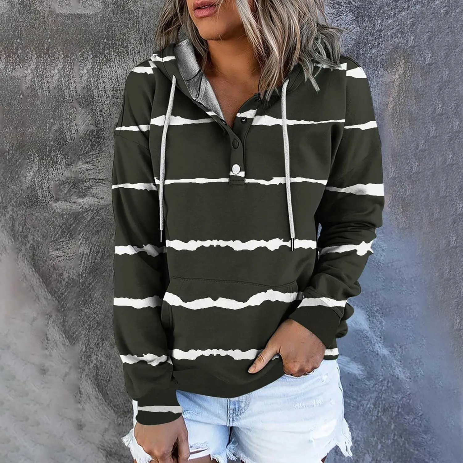 LRMQS Womens Hoodies Pullover Trendy Button Drawstring Hooded Striped Sweatshirt Loose Fit Fall Fashion 2024 Casual Pullover
