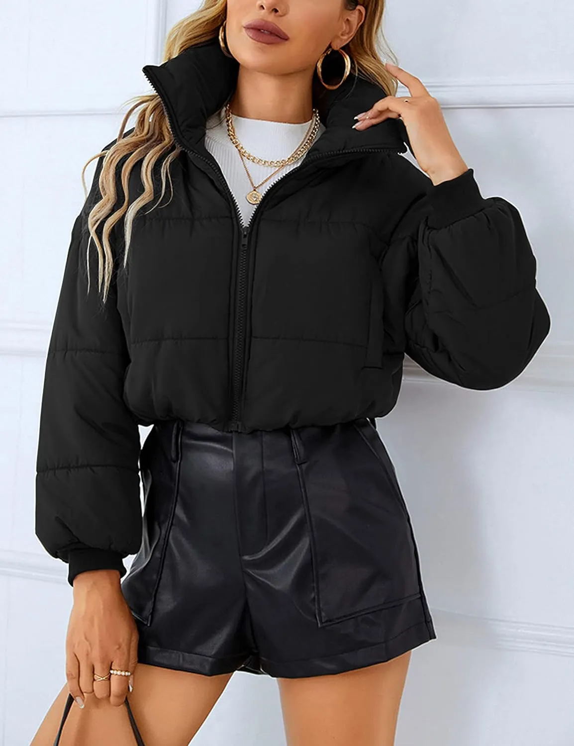 Lumister Womens Lightweight Quilted Jacket Long Sleeve Stand Collar Zipper Cropped Puffer Jacket Coat