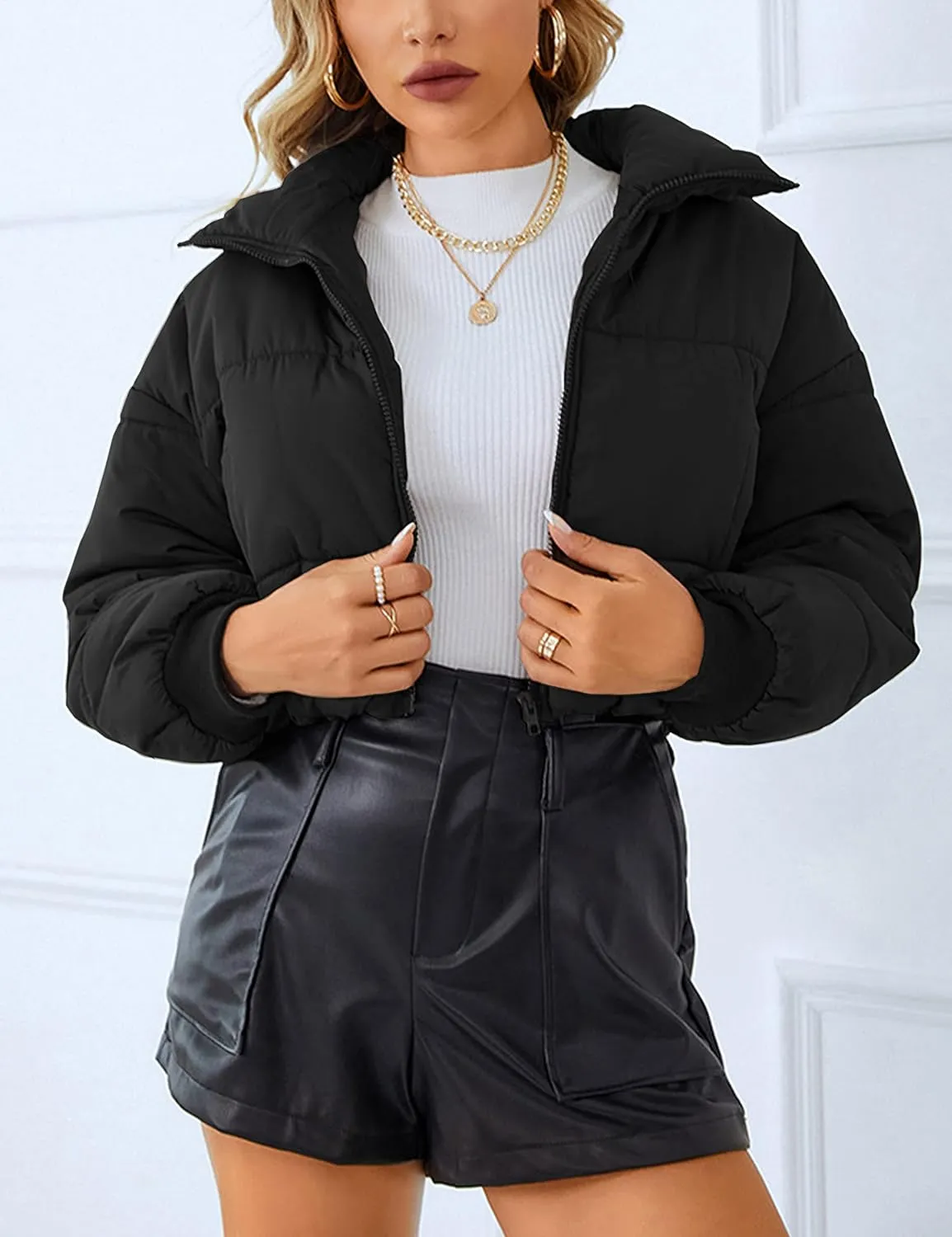 Lumister Womens Lightweight Quilted Jacket Long Sleeve Stand Collar Zipper Cropped Puffer Jacket Coat