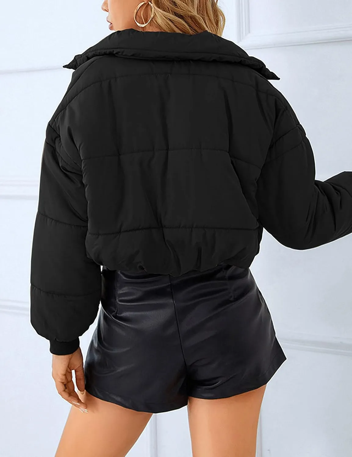 Lumister Womens Lightweight Quilted Jacket Long Sleeve Stand Collar Zipper Cropped Puffer Jacket Coat