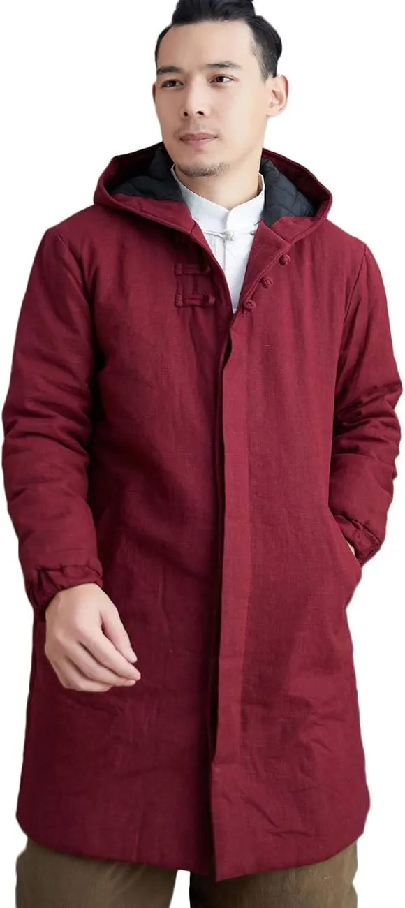 LZJN Men's Winter Jacket Coat Fashion Thick Warm Soft Cotton Padded Wadded Jacket Hooded Parkas (Dark Red, M)