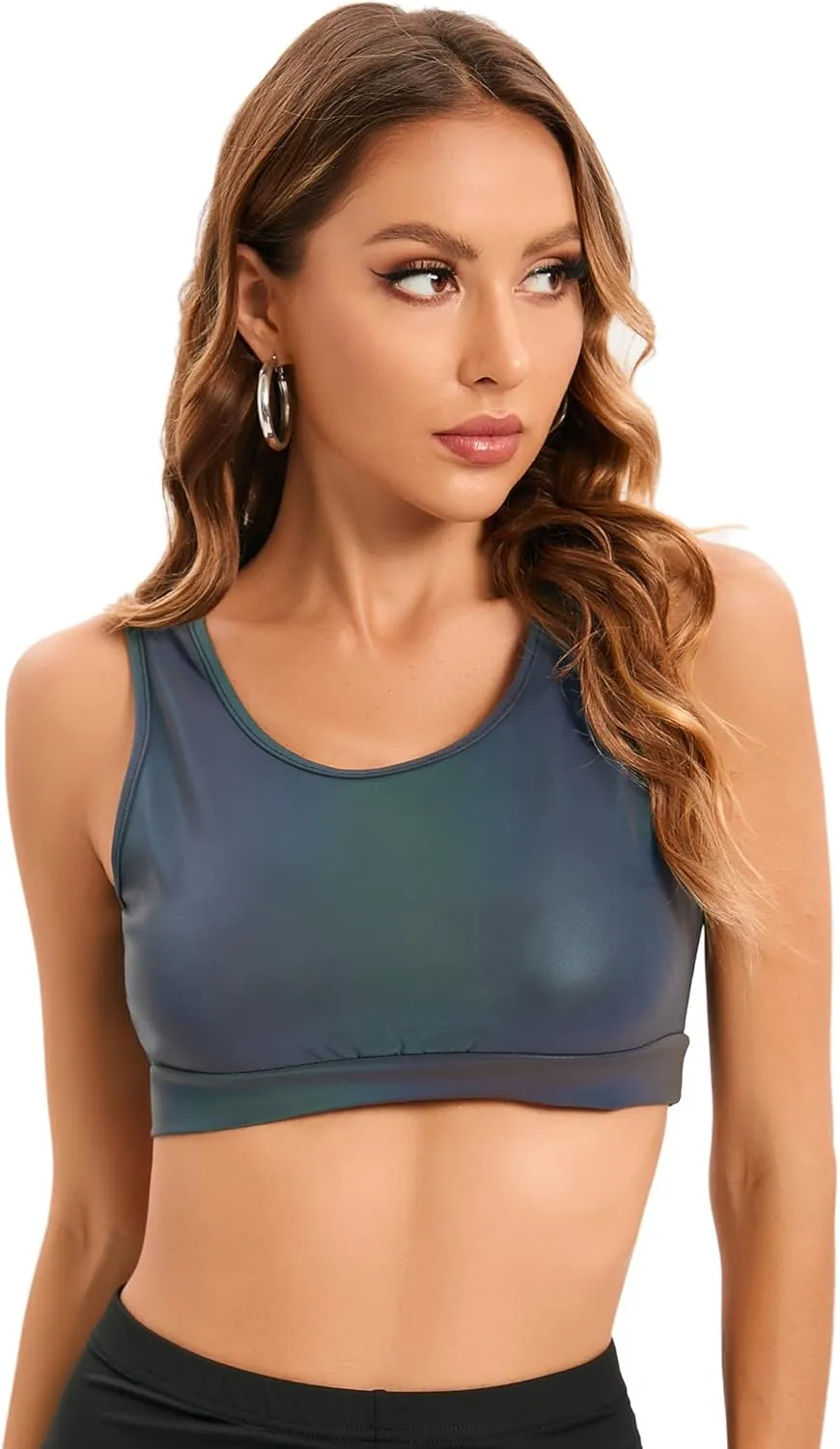 LZLRUN Womens Rainbow Reflective Crop Tops Tank Camis Metallic Holographic Camisole Rave Top Outfit