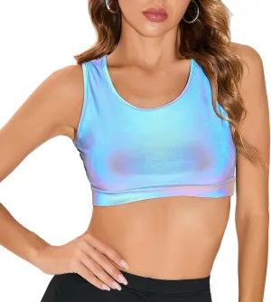LZLRUN Womens Rainbow Reflective Crop Tops Tank Camis Metallic Holographic Camisole Rave Top Outfit
