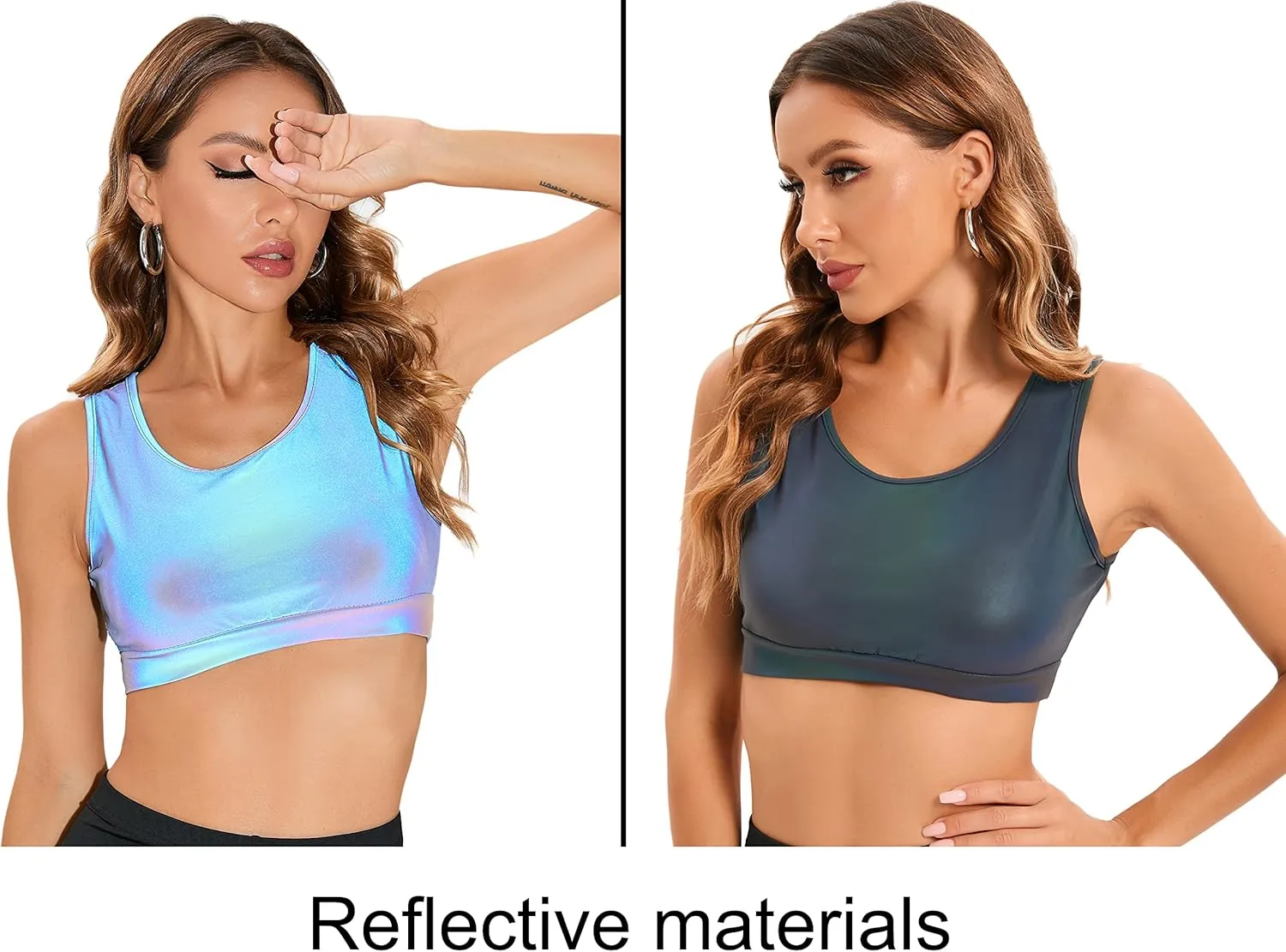 LZLRUN Womens Rainbow Reflective Crop Tops Tank Camis Metallic Holographic Camisole Rave Top Outfit